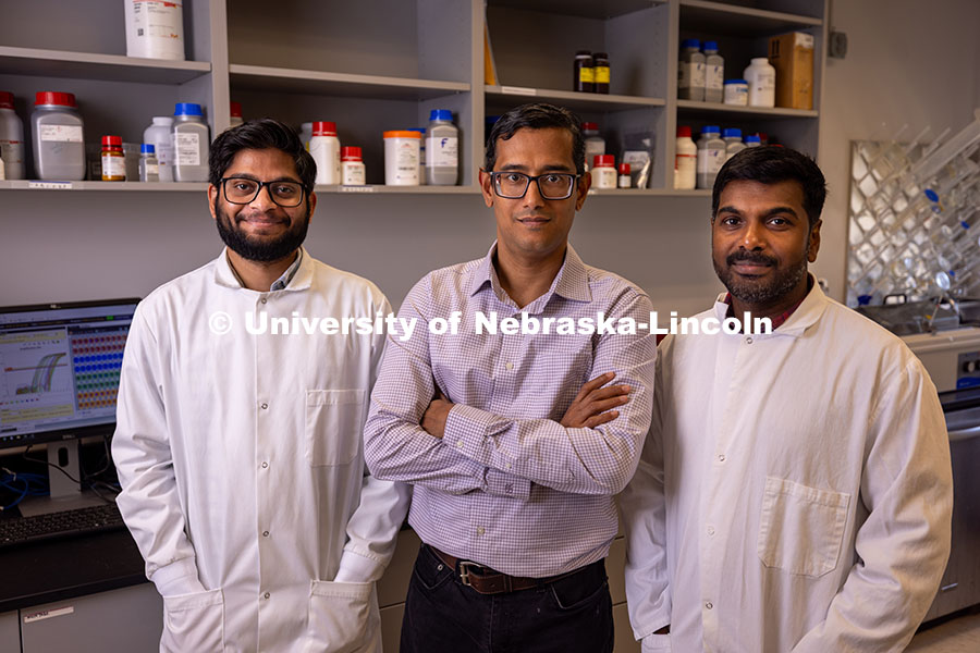 250421_Sukumaran_4.jpg Sunil Sukumaran, (center) Assistant Professor of Nutrition and Health Sciences poses with postdoctor
