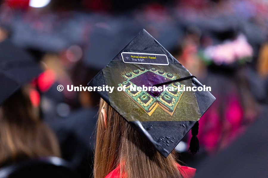 250517_Commencement_2030.jpg Ruth Plasek's graduation cap shows blocks from one of her favorite video games, Minecraft. Plasek re