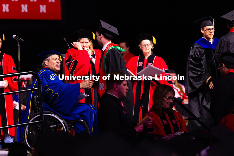 250517_Commencement_2204.jpg Construction Management graduate Quinny Brumbaugh shakes hands with College of Engineering Dean Lanc