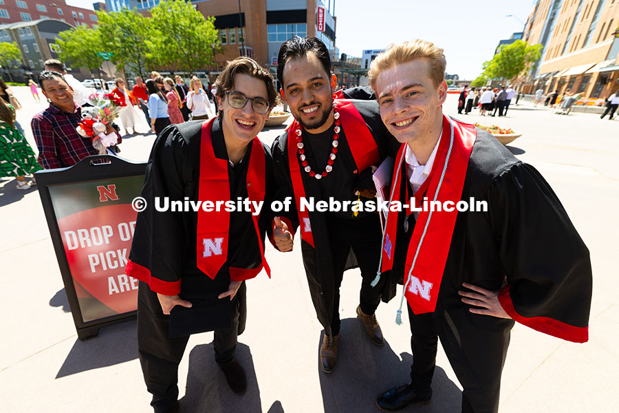 250517_Commencement_8234.jpg Zach Irene, Diego Escobar and Frank Meisinger (l-r) pose together outside of the Pinnacle Bank Arena