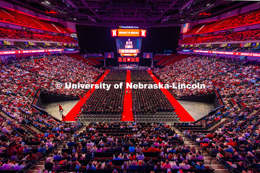 250517_Commencement_9552.jpg A nearly full Pinnacle Bank Arena listens as Rodney D. Bennett, Chancellor of University of Nebraska