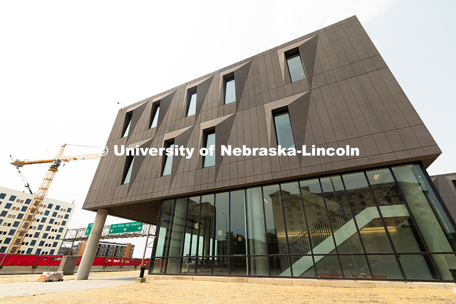 Exterior view of the new College of Fine and Performing Arts building, as seen looking north. May 30