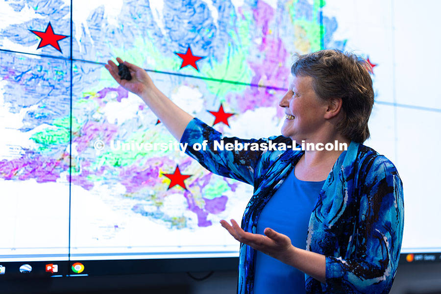 250611_Irina_Filina_9973.jpg Irina Filina, associate professor of Earth and atmospheric sciences, points to locations in Iceland