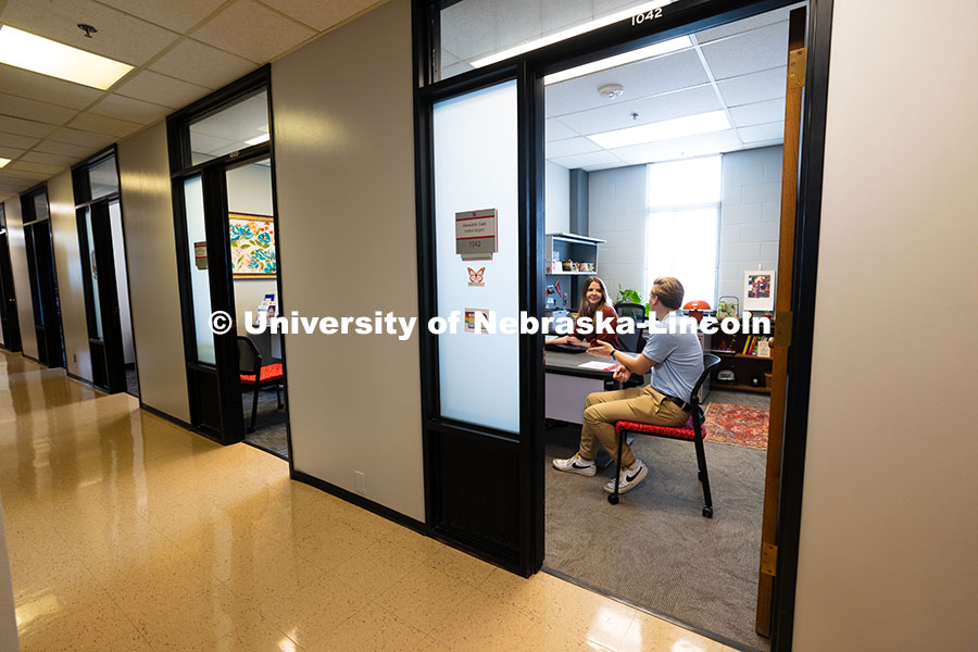 250624_Navigators_0764.jpg Meredith Cain, Academic Navigator for the College of Arts and Sciences, listens to Jack Hibbs, a sen