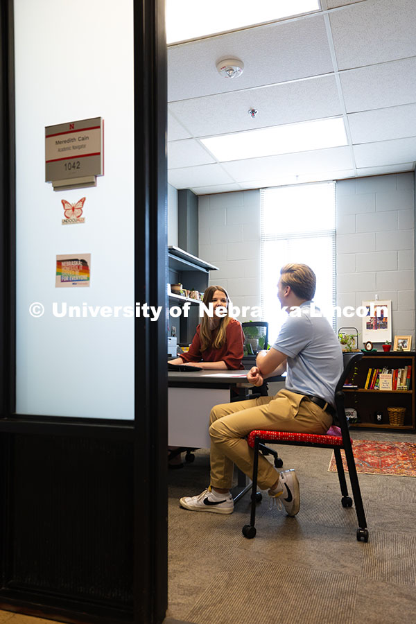 250624_Navigators_0778.jpg Meredith Cain, Academic Navigator for the College of Arts and Sciences, listens to Jack Hibbs, a sen