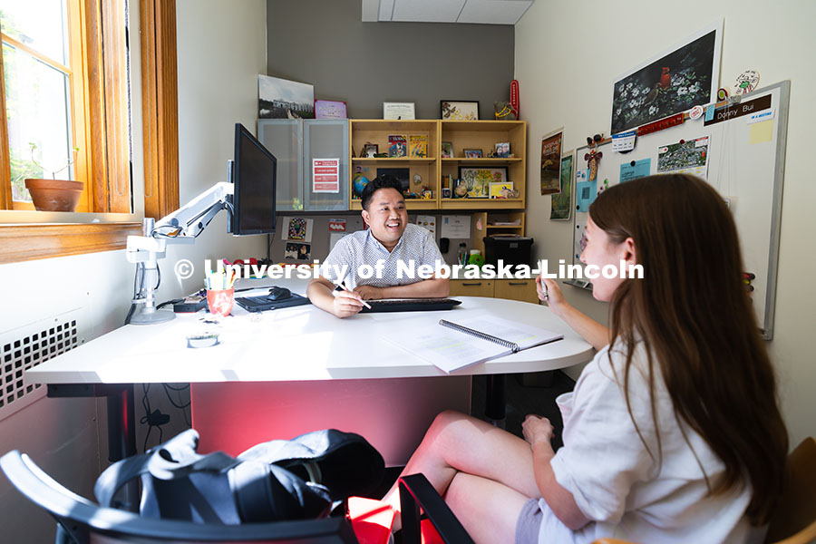 250625_CAST_Team_1738.jpg Donny Bui, an academic success coach in the Center for Academic Success and Transition, meets with K