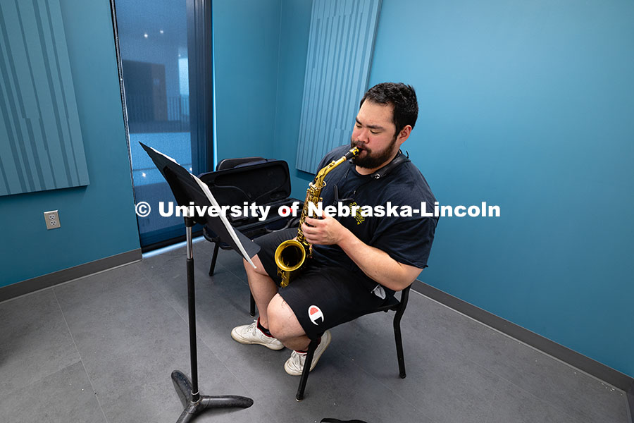 250716_FPA_2986.jpg James Lawhn, a third-year doctoral student in saxophone performance and teaching assistant, plays al