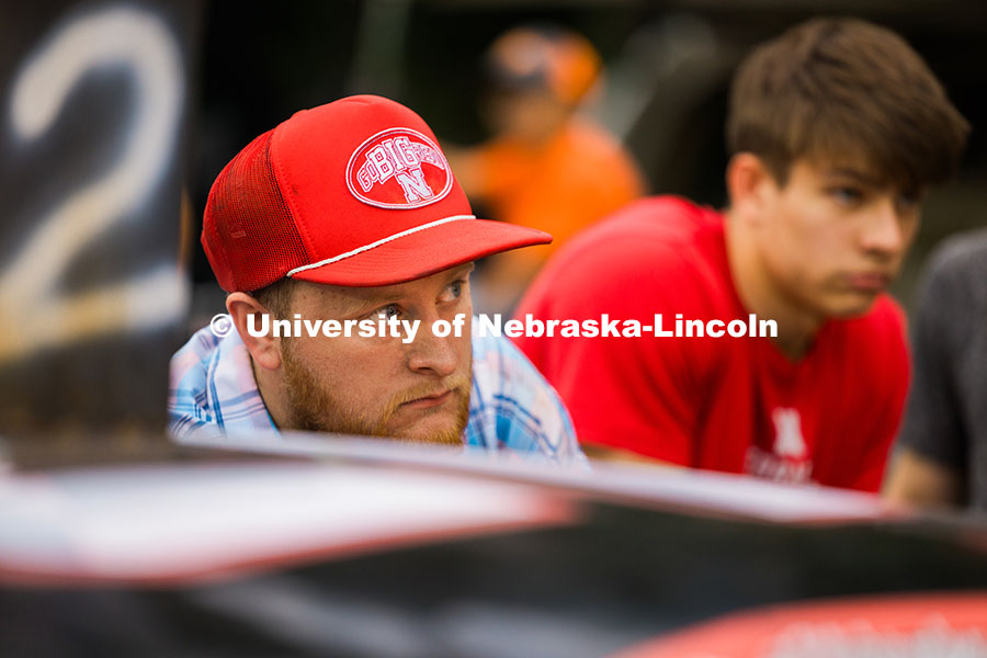 250717_Engineering_8202.jpg Jace Grunden, agricultural engineering major looks at team members as they try to get the race car w