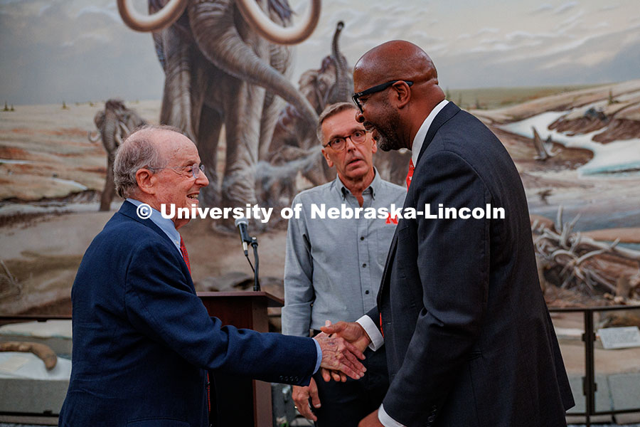 Former chancellors (left to right) Harvey Perlman and Ronnie D. Green chat with current chancellor R