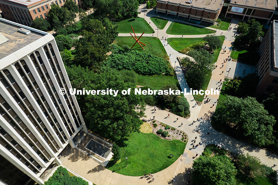 Aerial view of UNL campus community walks across campus during first day of 2025 fall semester. Augu
