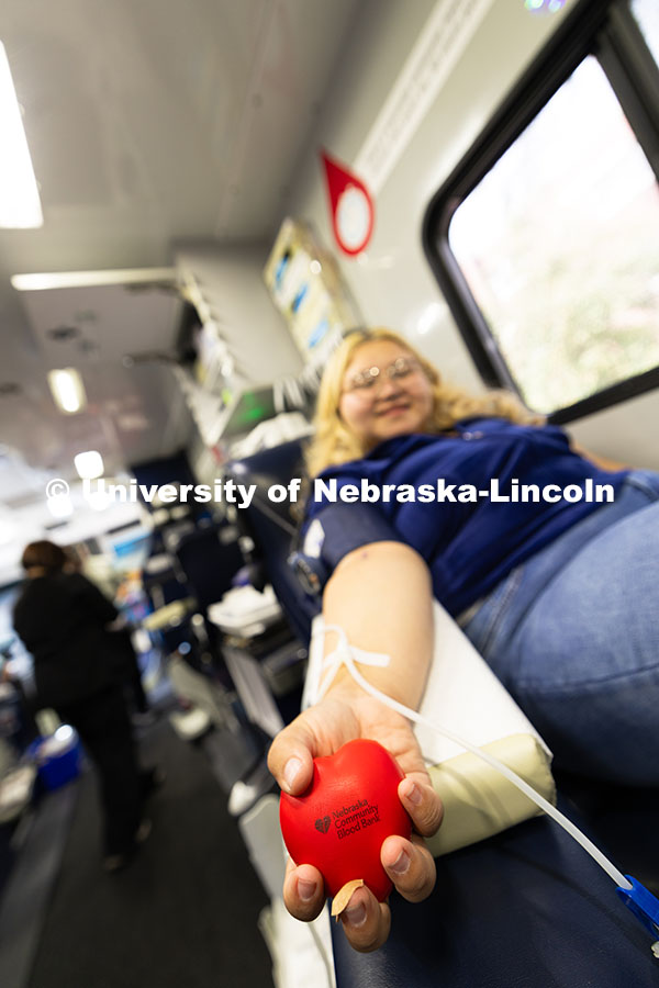 250827_Blood_Drive_6260.jpg October Poplinski, a sophomore studying criminal justice, squeezes a heart-shaped stress ball while