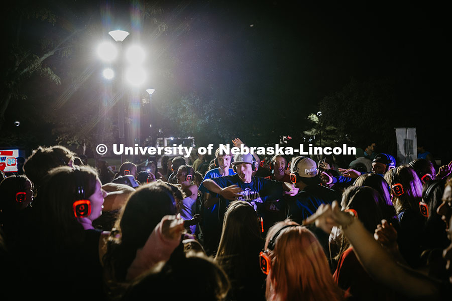 A student dances in the middle of a dance circle during the Big Red Welcome Party at the Union. Augu