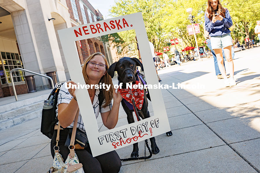 Elena Wells-Eshbaugh, a freshman pre-veterinary medicine major, poses for her first day of school po