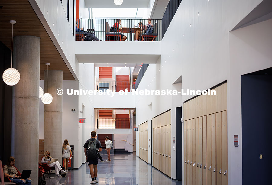 Students in the brand-new Fine and Performing Arts Building on the first day of class fall semester,