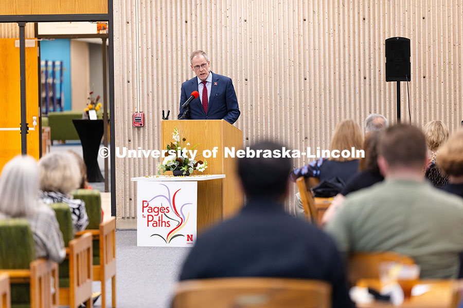 Mark Button, UNL executive vice chancellor, speaks to audiences gathered for the opening of 1973 gra