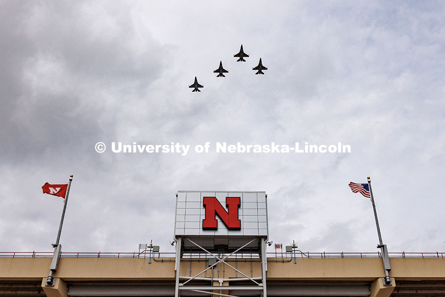 Lead by UNL alum Lieutenant Colonel Kent “Levi” Moody, four F-16 aircrafts from the 162nd Wing A