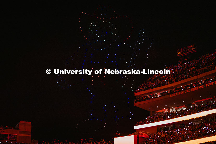 Drones display Herbie Husker at the end of the 3rd quarter light show during the Nebraska vs Akron f