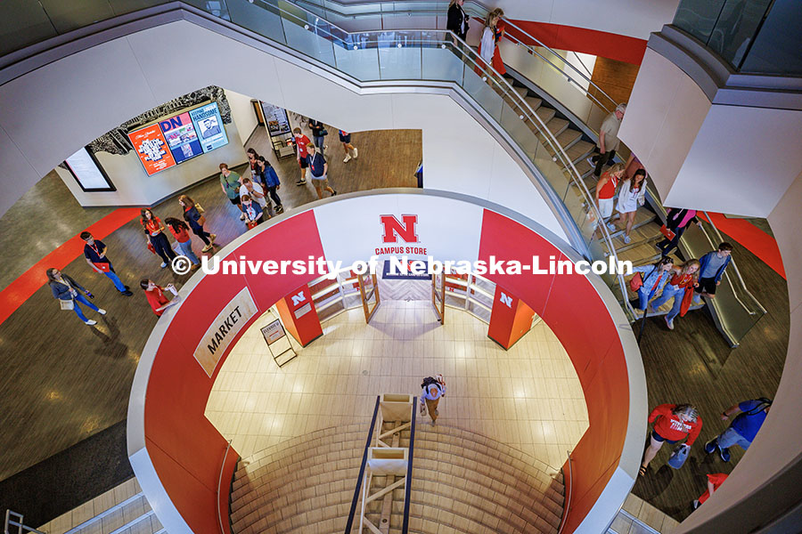 250919_Red_Letter_Day_106.jpg High angle view of the Nebraska Union stairwell with prospective students and their families meeting