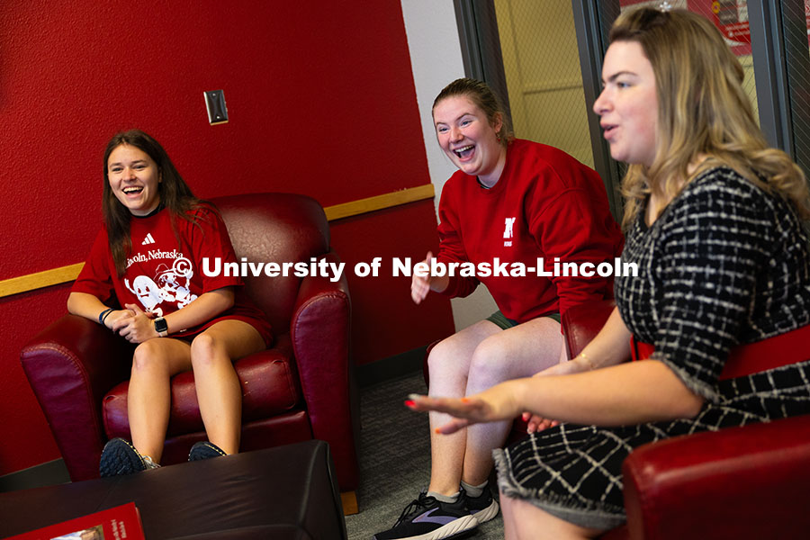 250922_Honors_Program_8538.jpg Kathryn Koehler (center), a junior in the Honors Program, and Maddy Coty (left), a sophomore, laugh