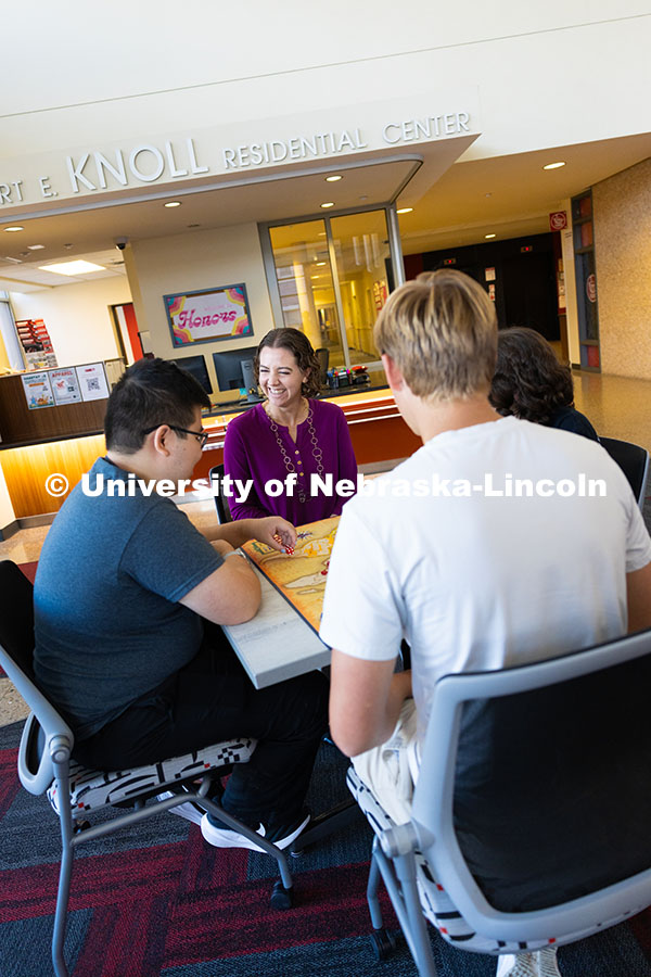 250922_Honors_Program_8686.jpg Rebecca Baskerville, Honors Program Associate Director, laughs while playing the board game "Risk" w