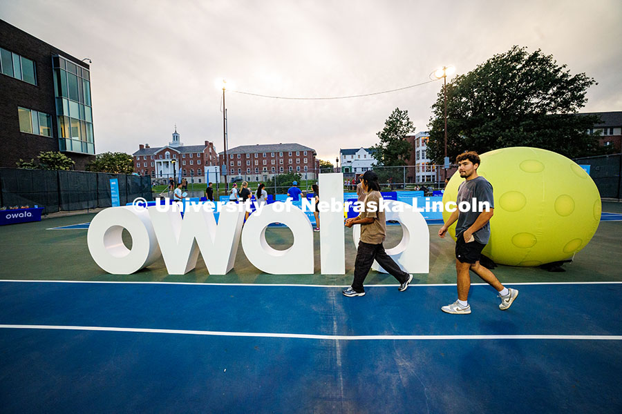 Students walk past the Owala sign at the Owala College Pickleball Tour. September 30, 2025. 