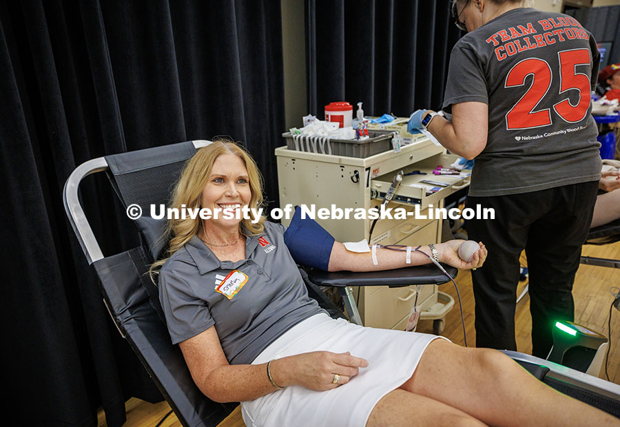 251002_Zaborowski_184.jpg Shelley Zaborowski, the Associate Director of the Alumni Association, donates blood for the We Give