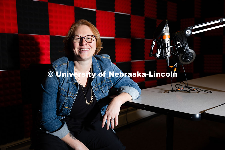 Kelli Boling, Assistant Professor of Advertising and Public Relations, in the podcast studio in Ande