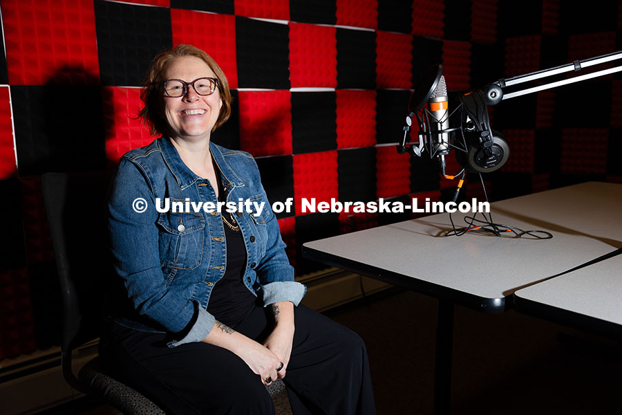 Kelli Boling, Assistant Professor of Advertising and Public Relations, in the podcast studio in Ande