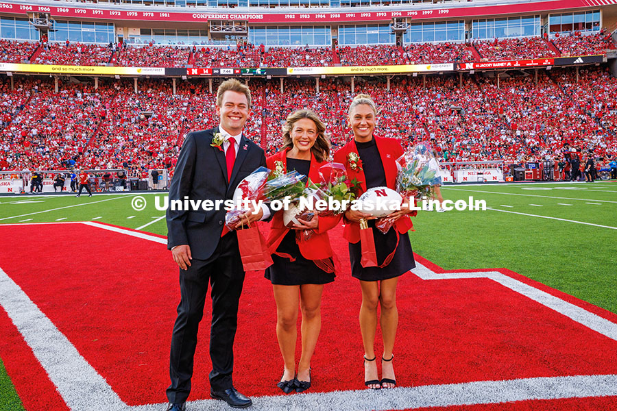 251004_Royalty_175.jpg (Left to right) Caden Connelly, Ava Hollingsworth and Claire Kelly pose for a photo after winning Ho