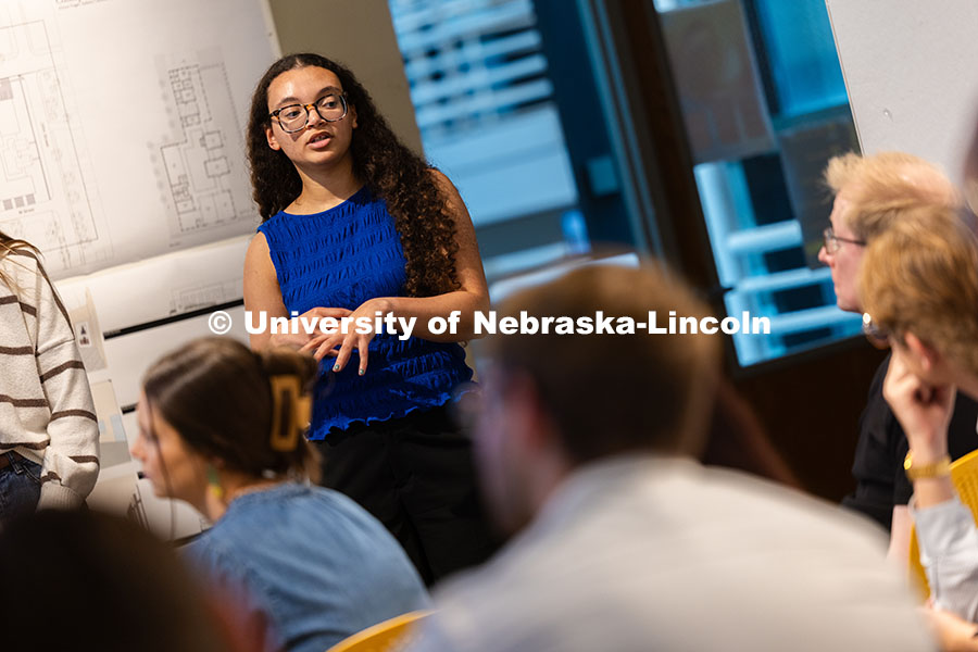 251015_ARCH_9551.jpg Abigail Henderson, a senior interior design student, speaks during her mid-term presentation to prof