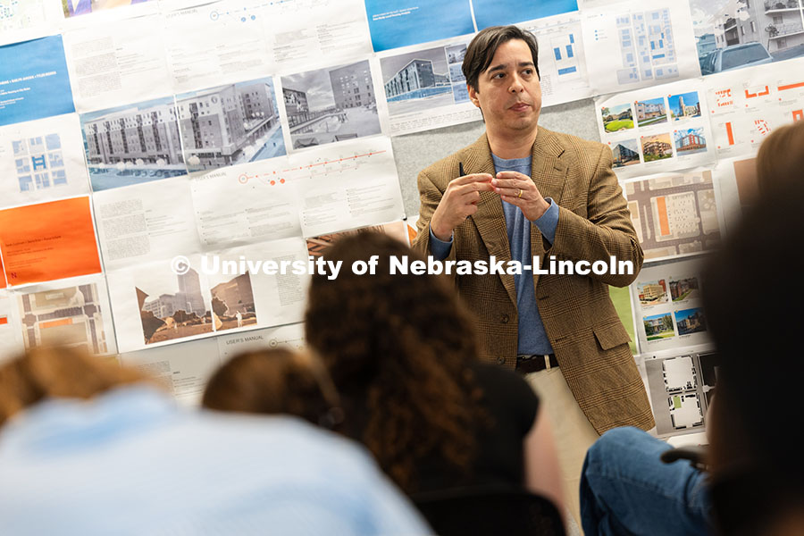 251015_ARCH_9617.jpg Davi Xavier, Assistant Professor of Practice in architecture, speaks with students in his ARCH 310 s