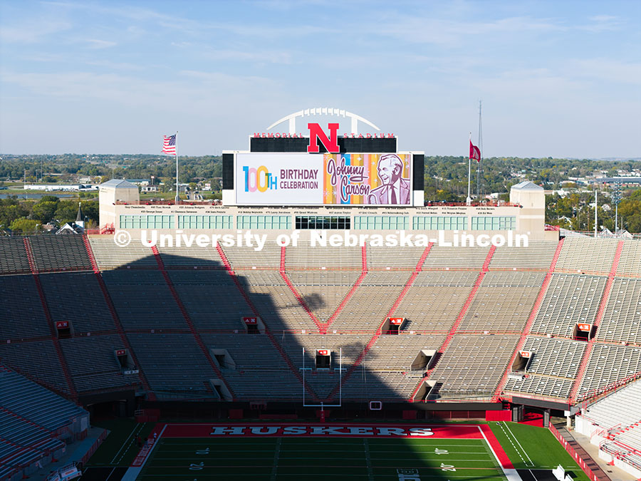 251016_Carson_100_0003.jpg Graphics commemorate Johnny Carson's 100th birthday on the screens in Memorial Stadium. October 16,