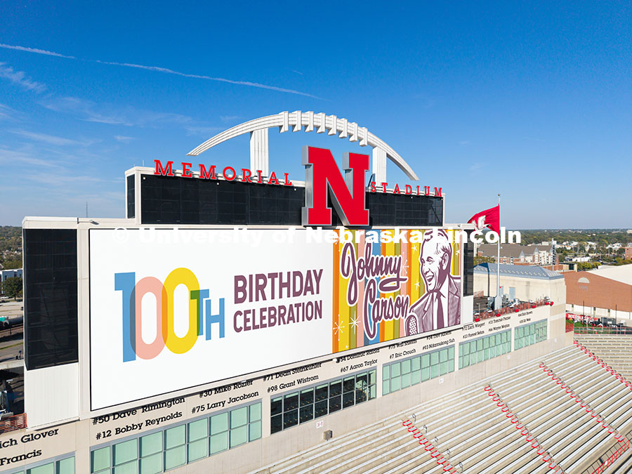 251016_Carson_100_0004.jpg Graphics commemorate Johnny Carson's 100th birthday on the screens in Memorial Stadium. October 16,