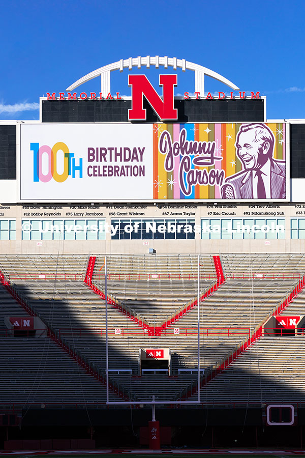 251016_Carson_100_0347.jpg Graphics commemorate Johnny Carson's 100th birthday on the screens in Memorial Stadium. October 16,