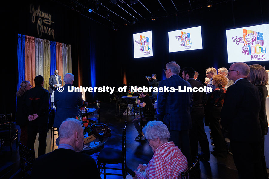 Chancellor Rodney Bennett speaks to the crowd inside the Carson Theatre in the Lied Center.  Johnny 