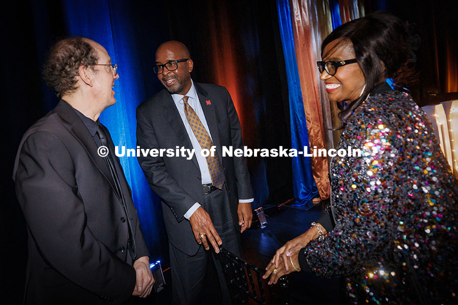 251023_Carson_100_016.jpg Chancellor Rodney Bennett, center, speaks with guests inside the Carson Theatre in the Lied Center.