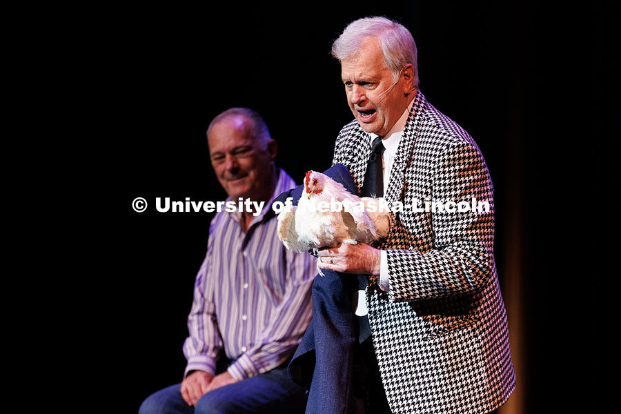 251023_Carson_100_019.jpg Magician Mike Caveney, right, preforms inside the Lied Center. Johnny Carson’s 100th Birthday Cele