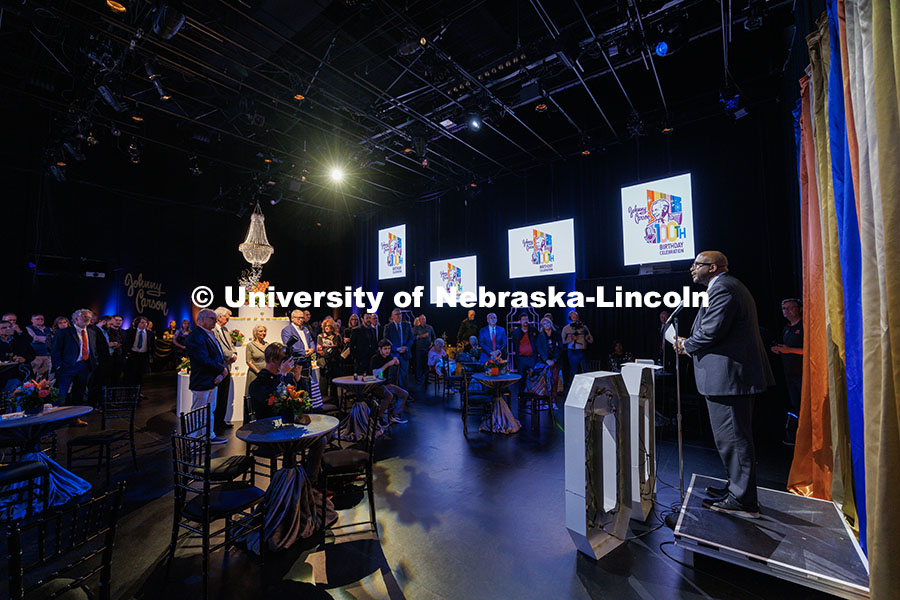251023_Carson_100_034.jpg Chancellor Rodney Bennet speaks at Johnny Carson’s 100th Birthday Celebration in the Lied Center.