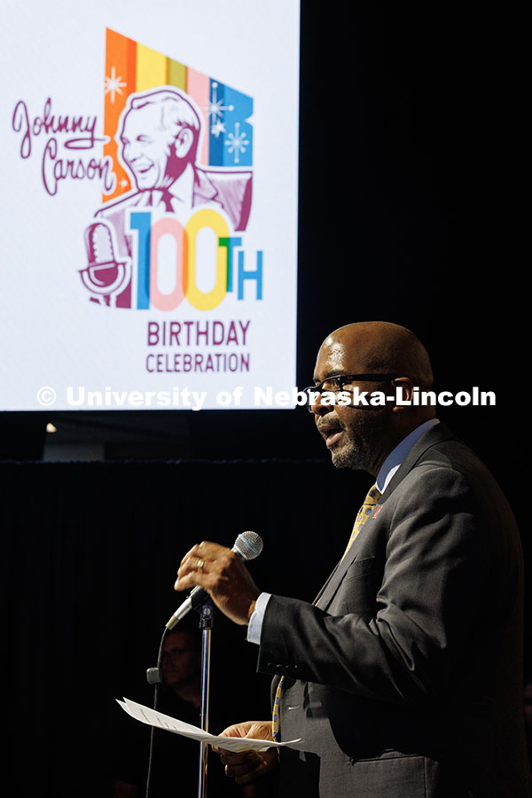 251023_Carson_100_039.jpg Chancellor Rodney Bennet speaks at Johnny Carson’s 100th Birthday Celebration in the Lied Center.