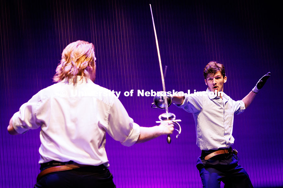 251024_Carson_Tours_012.jpg Sam Landretti (left), and Aaron Harrel preform a fight scene on stage in the Temple Building. Johnny