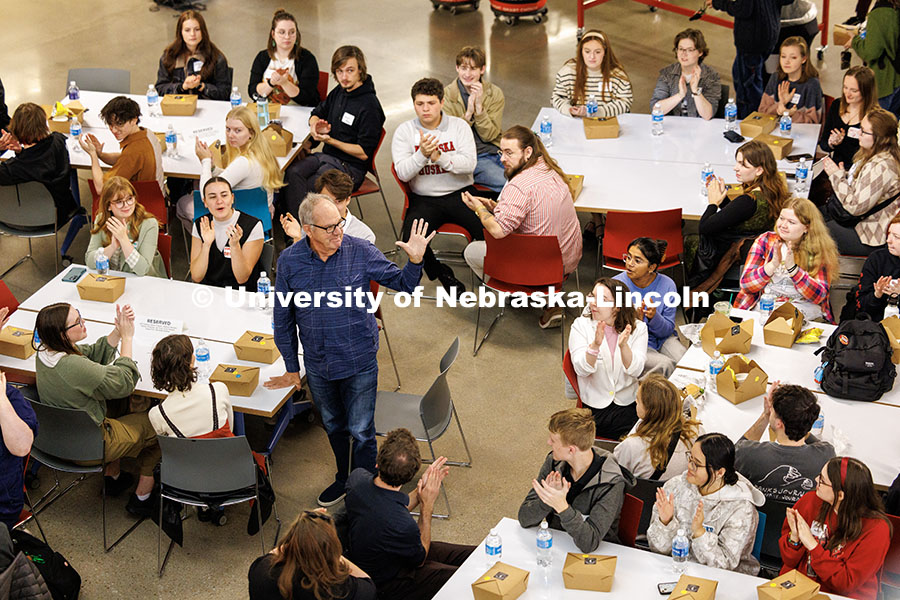 251024_Carson_Tours_014.jpg Jeff Sotzing, a Johnny Carson Foundation member, stands and waves to Emerging Media Arts students as