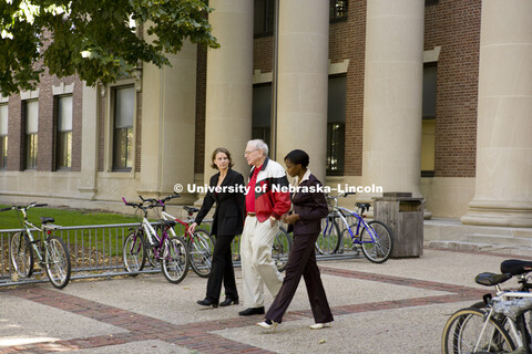 UNL alumnus Warren Buffett talks with Microsoft Corp. founder Bill Gates outside the Lied Center for