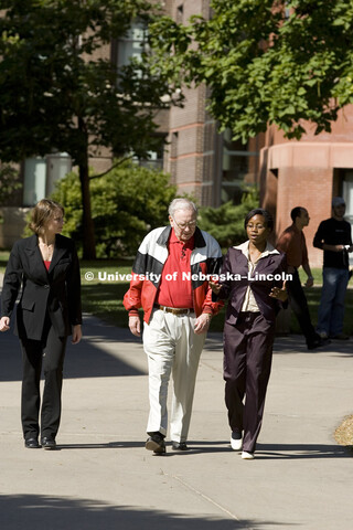 UNL alumnus Warren Buffett talks with Microsoft Corp. founder Bill Gates outside the Lied Center for