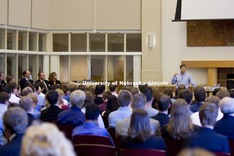 UNL alumnus Warren Buffett talks with Microsoft Corp. founder Bill Gates outside the Lied Center for