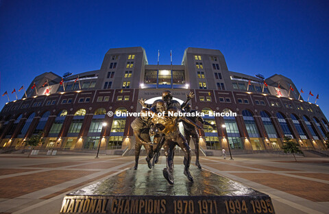 Memorial Stadium with the sculpture The Legacy lit up for the night on City Campus. September 26, 20