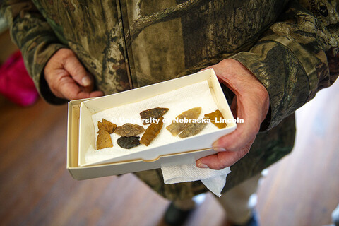 Robert Coble shows off his points in one of several boxes he brought in for the group to look at. Ar