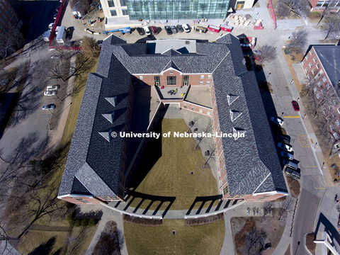 Aerial of Kauffman Residence Hall home of the Raikes School. The new College of Business building is