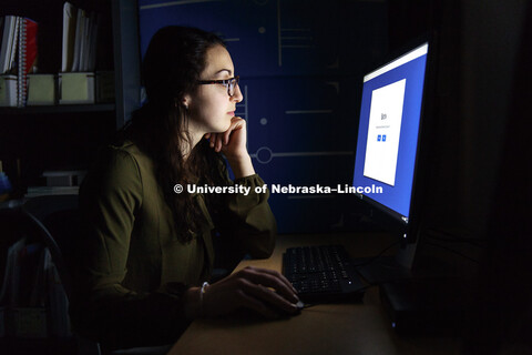 Jennie Laeng takes a computer survey as part of a concussion screening. CB3 Photo Shoot. May 3, 2017