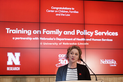 Eve Brank, center director and associate professor of psychology, talks at the award ceremony. The C