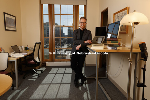 Andy Jewell, Professor of English, in his Love Library office. Jewell is the spring 2018 Nebraska Le